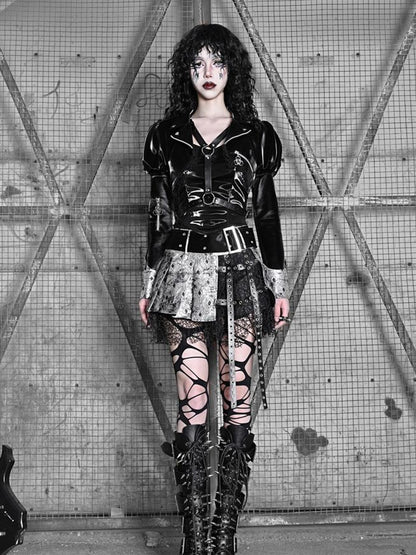 Fishnet Sleeves Black PU Top with Wings Design Straps Coachella Outfits