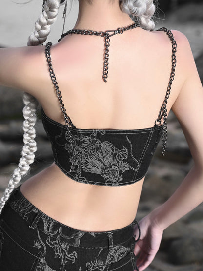 Studs Design Punk Chain Black Denim Cami Top Ashnikko Concert Outfits