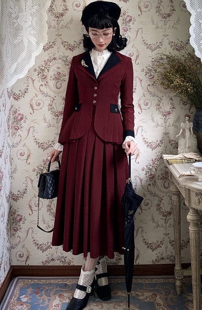 Plus Size Friendly-Wine Red Pleating Details Blazer + Skirt Vintage Set