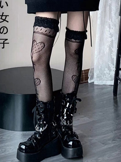 Black/White Over Knee Stockings With Sweetheart Pattern