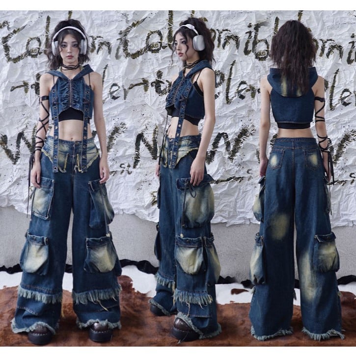 Wasteland Punk Cargo Pockets Faded Wash Wide Leg Jeans