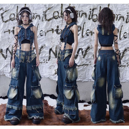 Wasteland Punk Cargo Pockets Faded Wash Wide Leg Jeans