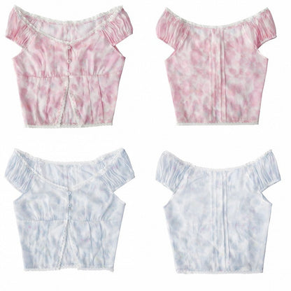 Pink Floral Print V-neck Top Lace Trim