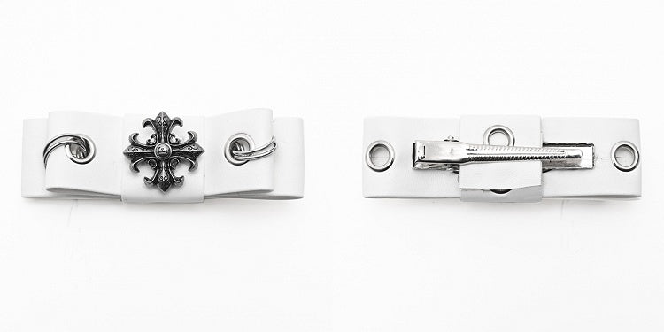 Punk Cross Decorative White PU Bowknot Hairclip