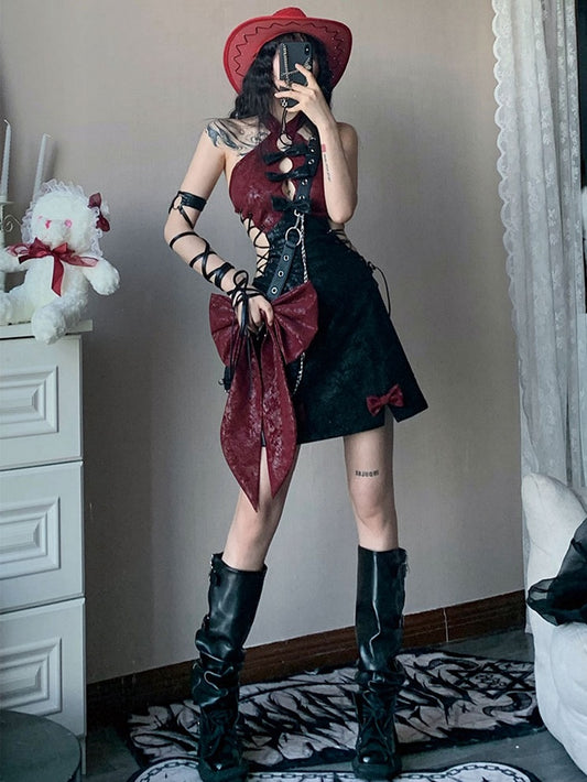 Halter Neck Backless Self-tie Straps Hollow Waist Qipao Dress