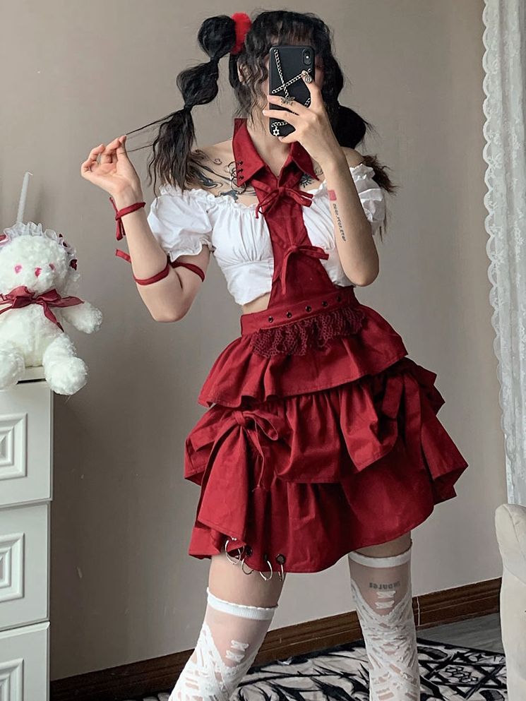 Red Halter Neck Overall Skirt with Metal Rings Decorated Hem