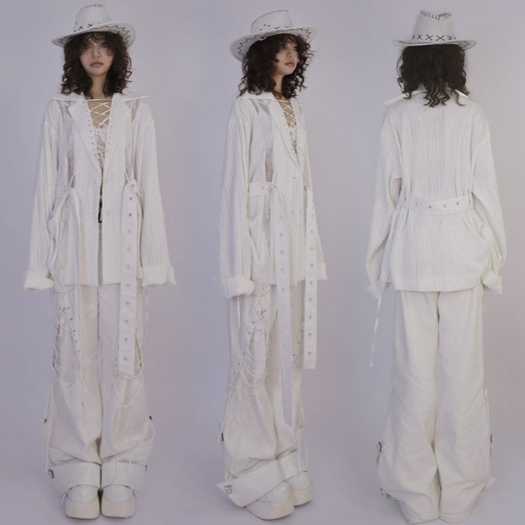 Lace-up Collar Wasteland Punk White Shirt with Waist Belt