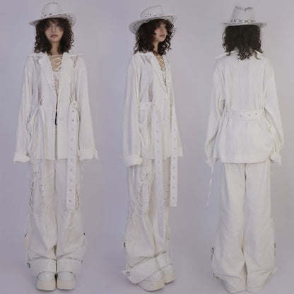 Lace-up Collar Wasteland Punk White Shirt with Waist Belt