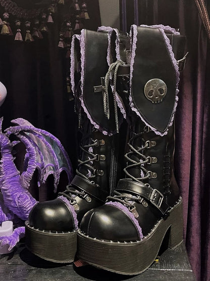 Bad Bunny Lace Trim Bunny Ears Platform Boots Black&Purple PU Gothic Shoes