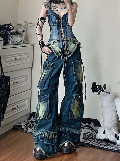 Lace-up Detail Navy Blue Glamorous Denim Cami Top