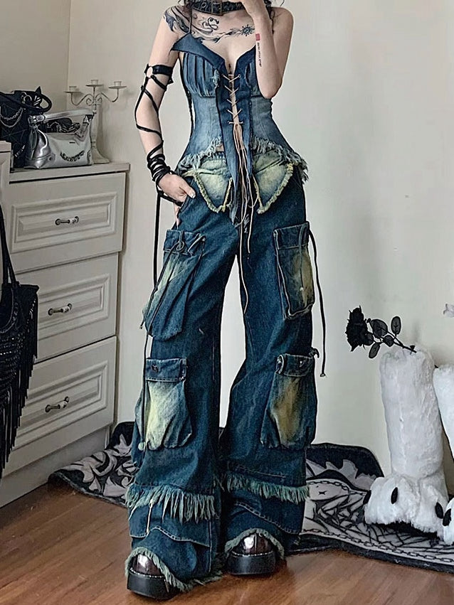 Lace-up Detail Navy Blue Glamorous Denim Cami Top