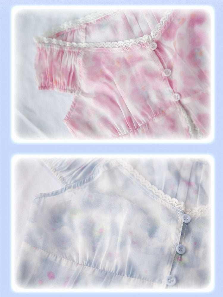 Blue Floral Print V-neck Top Lace Trim