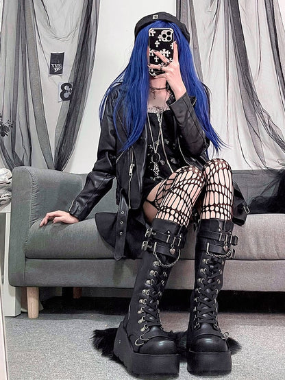Lace-up and Buckle Straps Matte Black Platform Boots