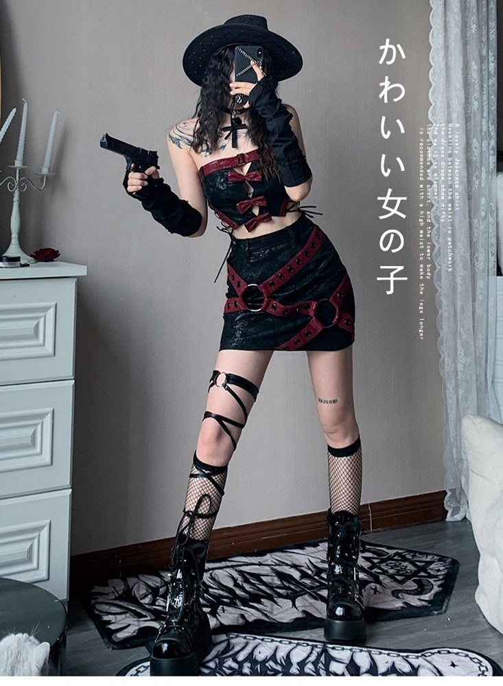 Black PU Strapless Cropped Top with Red Bowknots Music Festival Outfits