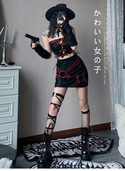 Black PU Strapless Cropped Top with Red Bowknots Music Festival Outfits