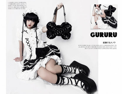 Studs Decorated Black Plush Bone-shaped Bag