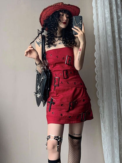 Buckles Decorated Strapless Red Dress Music Festival Outfits