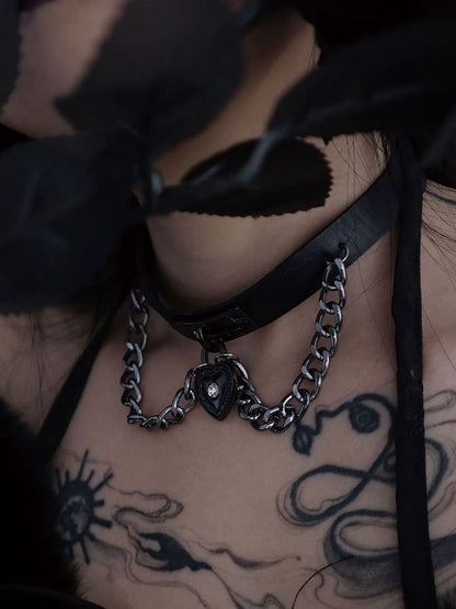 Black Punk PU Choker with Metal Chain
