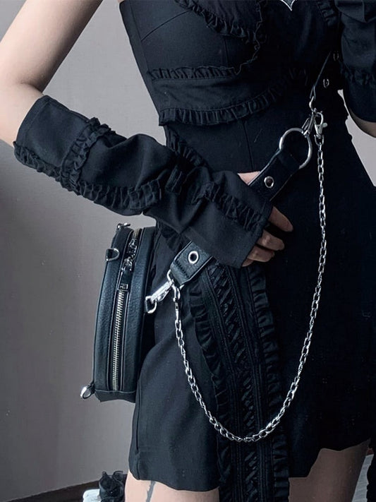 Black/White/Red Sleeves Ruffle Trim Cross Design