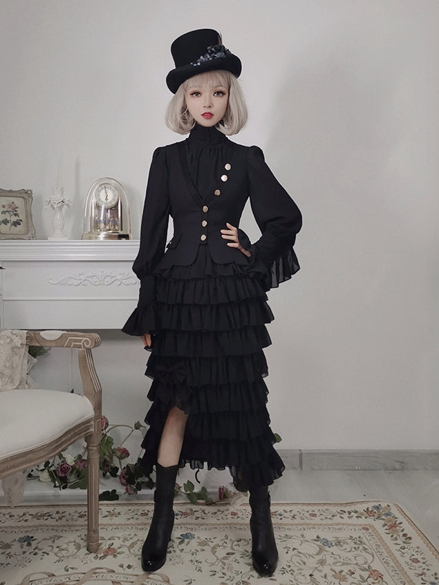 Black Flounce Cuffs Vintage Blouse Bishop Sleeves