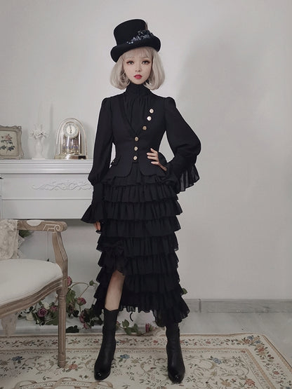 Black Flounce Cuffs Vintage Blouse Bishop Sleeves