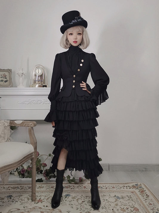 Black Flounce Cuffs Vintage Blouse Bishop Sleeves