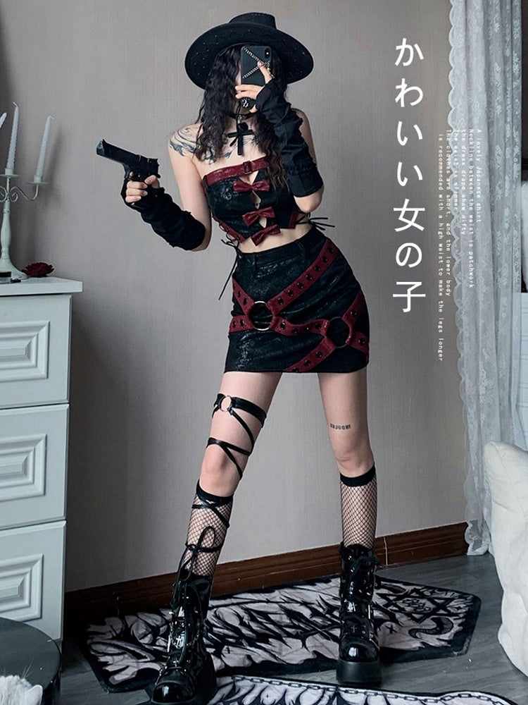 Crisscross Straps Decorated Faux Fur Moto Biker Mini Skirt Music Festival Outfits