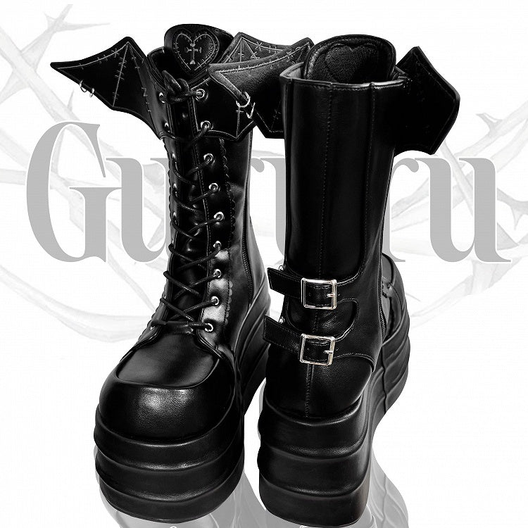 Black Bat Wings Design Lace-up Strap Platform Boots Martens