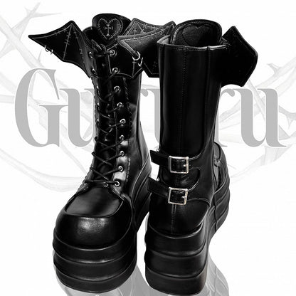 Black Bat Wings Design Lace-up Strap Platform Boots Martens