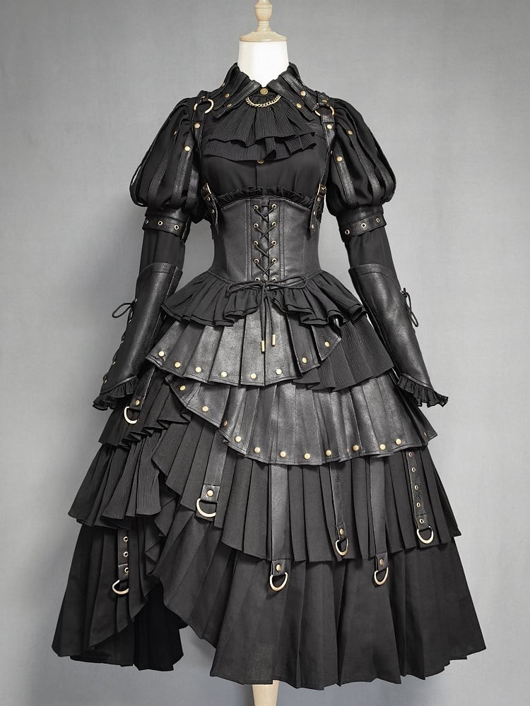 Black Gothic Lolita Under Bust Corset High Waist Layered Pleated Skirt with Shoulder Straps