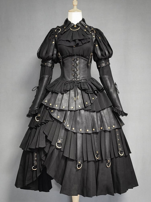 Black Gothic Lolita Under Bust Corset High Waist Layered Pleated Skirt with Shoulder Straps