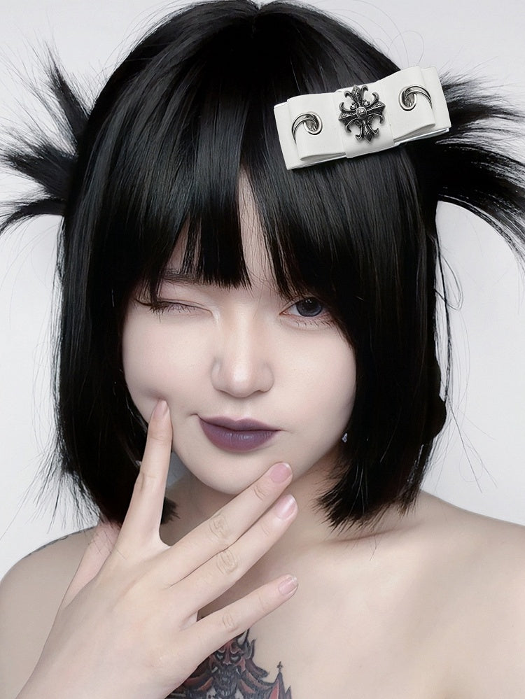 Punk Cross Decorative White PU Bowknot Hairclip