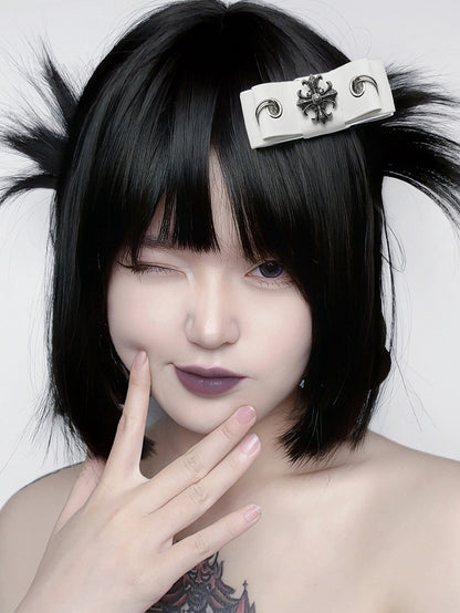 Punk Cross Decorative White PU Bowknot Hairclip