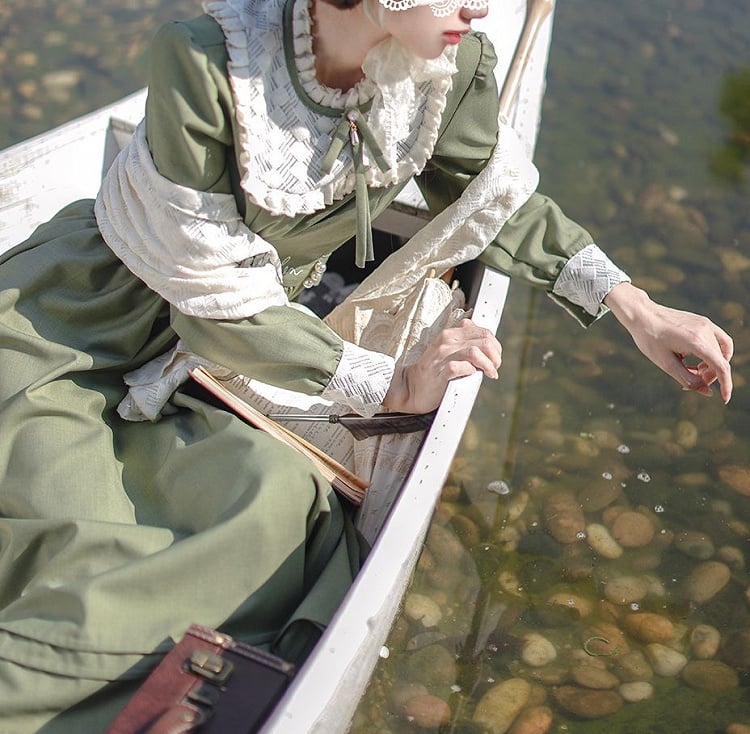 Floral Embroidery Green Vintage Dress Ruffle Neckline Puff Sleeves