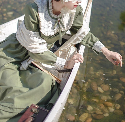 Floral Embroidery Green Vintage Dress Ruffle Neckline Puff Sleeves