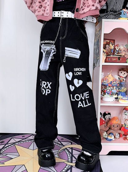 Letters Print Black Jeans
