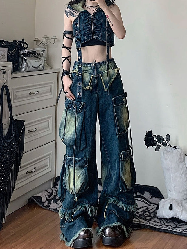 Dune Inspired  Punk Straps Design Hooded Denim Top