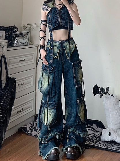 Dune Inspired  Punk Straps Design Hooded Denim Top