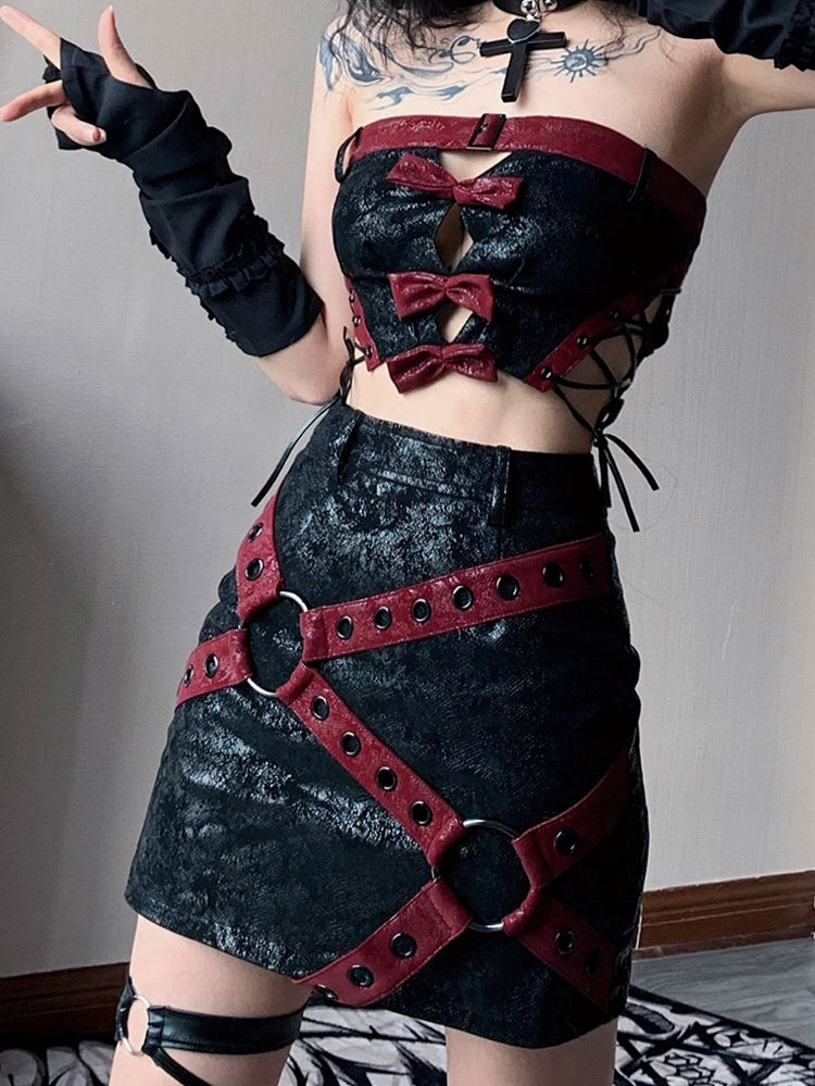 Black PU Strapless Cropped Top with Red Bowknots Music Festival Outfits