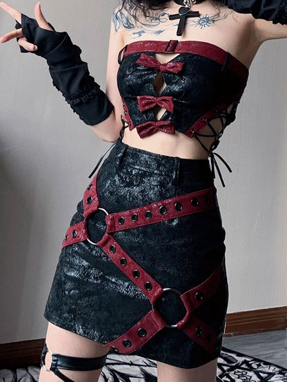 Black PU Strapless Cropped Top with Red Bowknots Music Festival Outfits