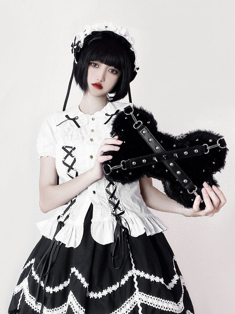 Studs Decorated Black Plush Bone-shaped Bag