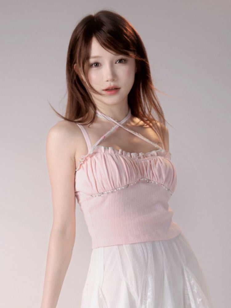 Bead Details Pink Cami Top Ruffle Trim