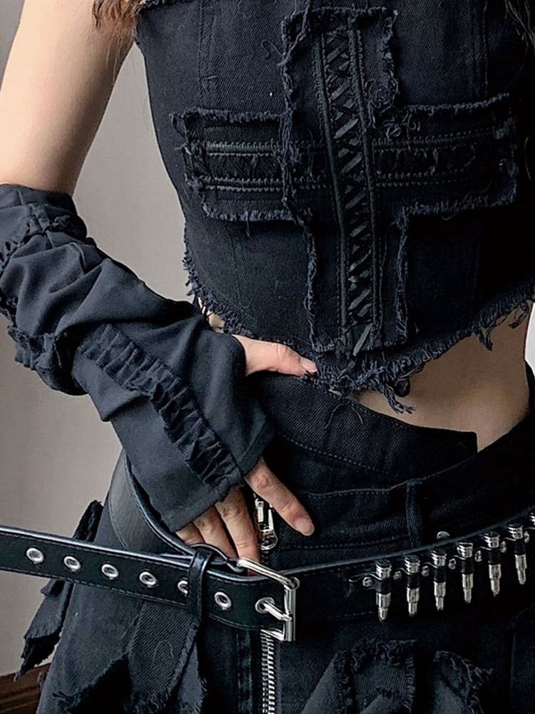 Black/White/Red Sleeves Ruffle Trim Cross Design