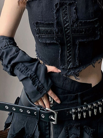 Black/White/Red Sleeves Ruffle Trim Cross Design