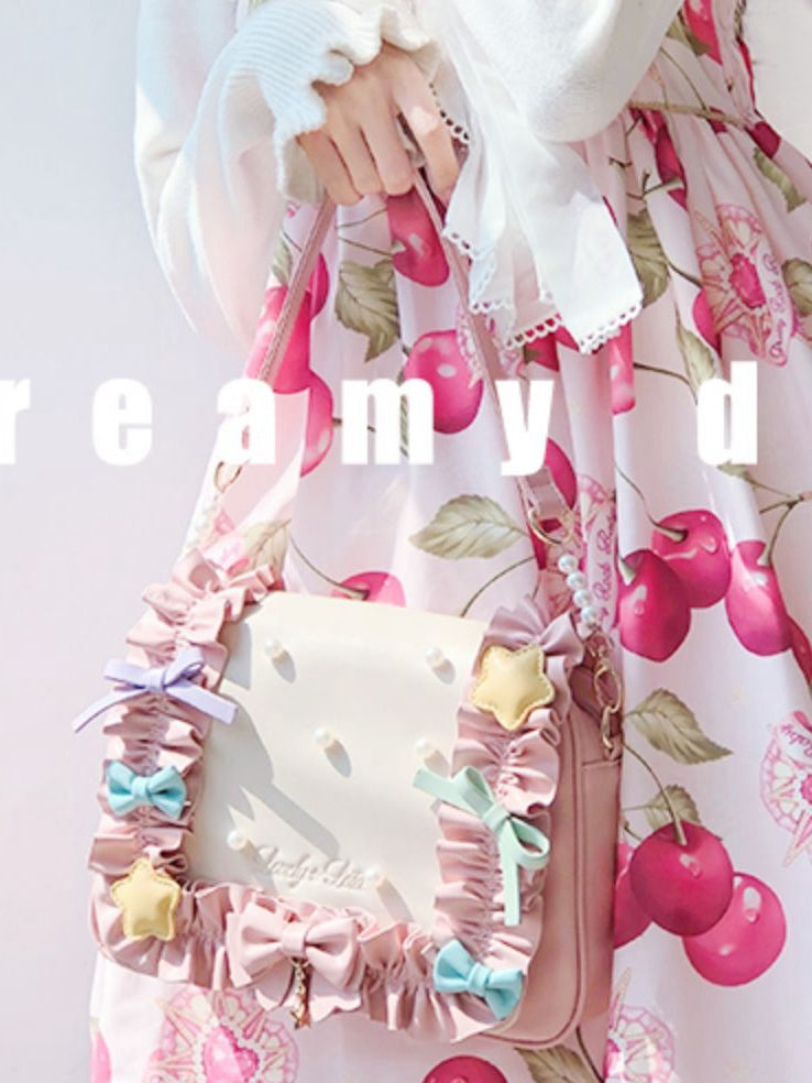 Fold-over Flap Creamy Dots Bowknots Shoulder Bag