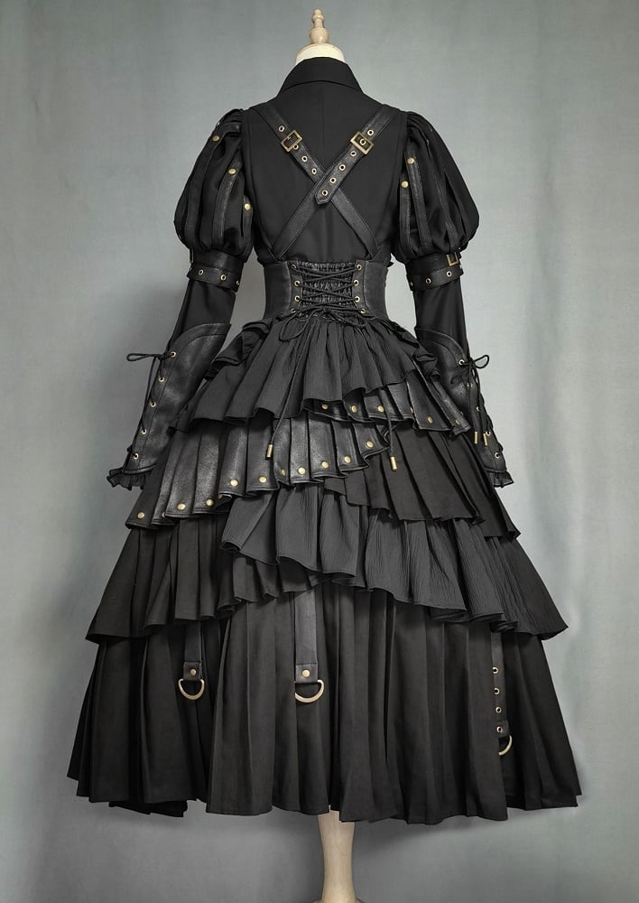 Black Gothic Lolita Under Bust Corset High Waist Layered Pleated Skirt with Shoulder Straps