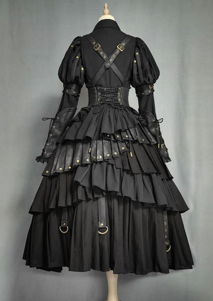 Black Gothic Lolita Under Bust Corset High Waist Layered Pleated Skirt with Shoulder Straps