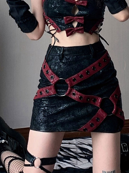 Crisscross Straps Decorated Faux Fur Moto Biker Mini Skirt Music Festival Outfits