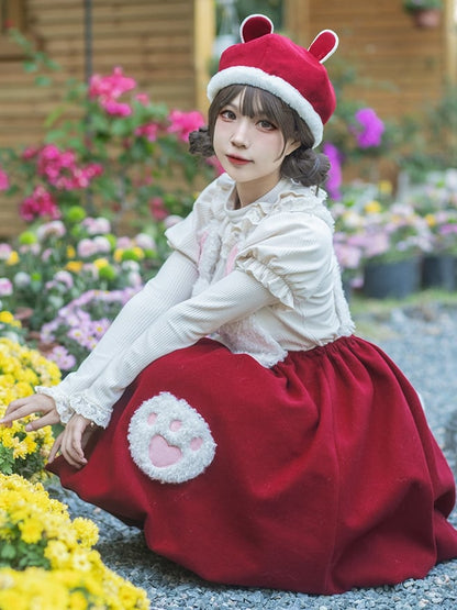 Clearance-Size S for Bust 90CM Souffle White Ruffle Trim Round Neck Autumn Knitted Top