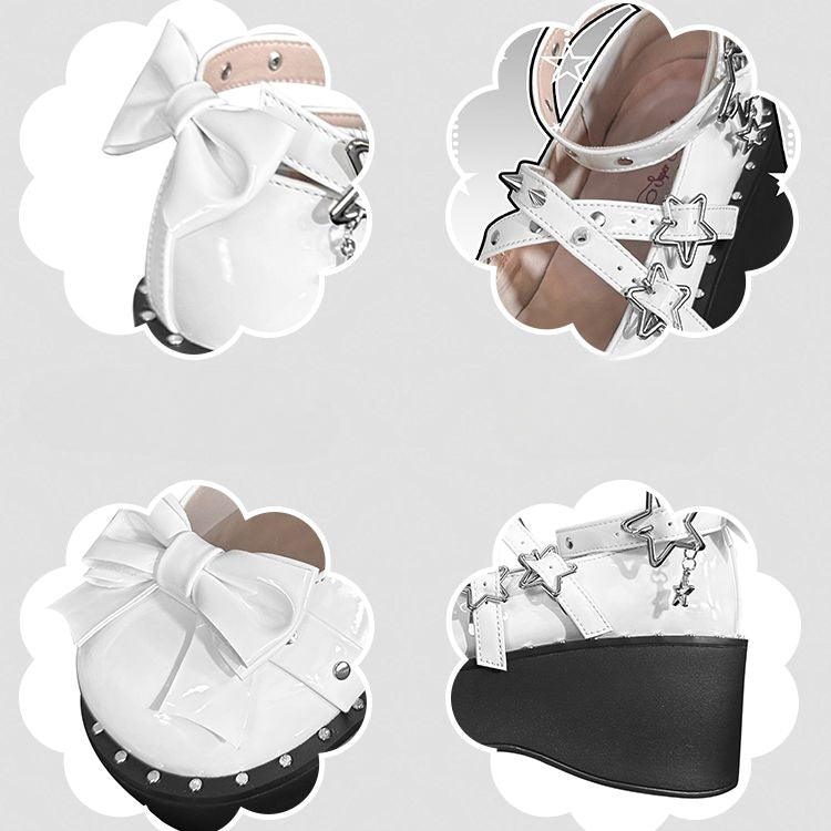 Star Buckles Polished White Platforms Silver-tone Studs Bow at Top